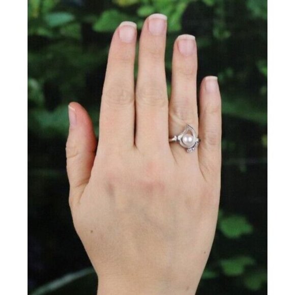 10k White Gold Freshwater Pearl & White Spinel Ring Size 5 - Picture 2 of 7